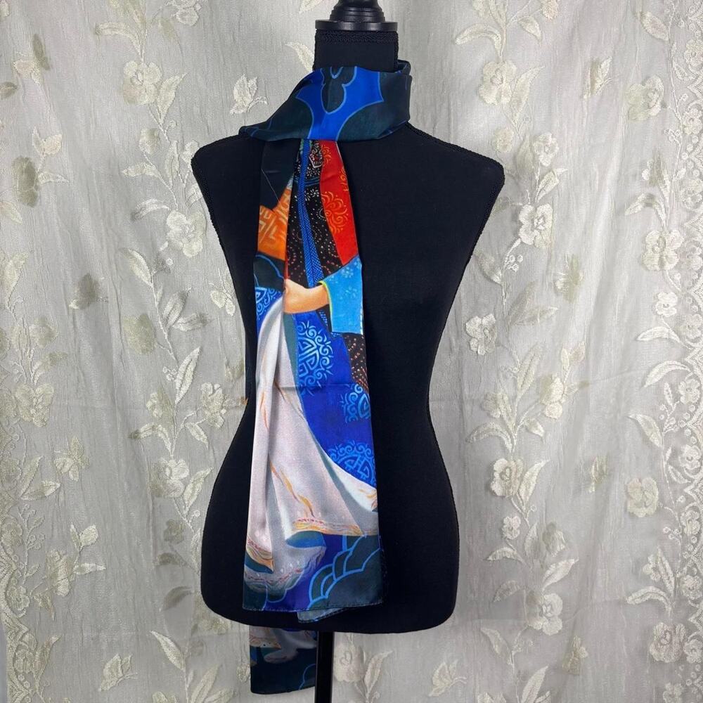 Nomadica Asian Folk Art Print Scarf | Blue Red Embroidered-Style Graphic